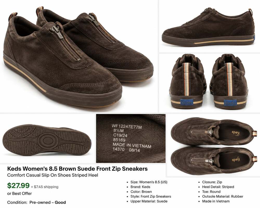 Keds Women's 8.5 Brown Suede Front Zip Sneakers Comfort Casual Slip On Shoes Str